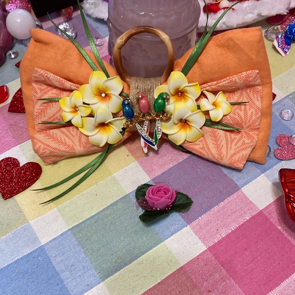 Disney Enchanted Tiki Room Beautiful Orange Yellow Floral Hair Bow w/ Birds Pin
